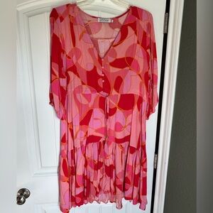 Petal & Pup Pink Abstract Print Midi Dress – Long Sleeve V-Neck Tie Waist – XL
